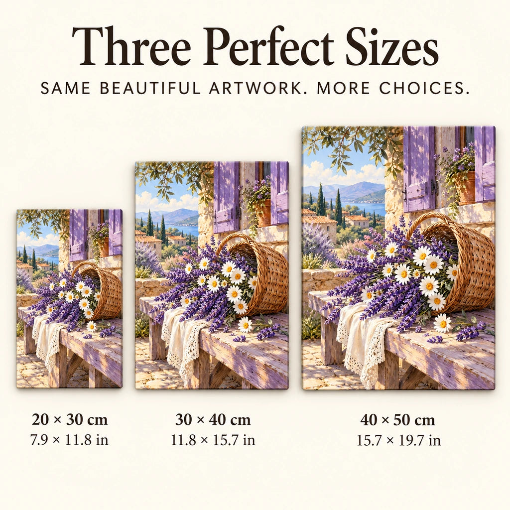 A woven basket filled with lavender and wildflowers: size guide showing three available dimensions