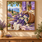 A woven basket filled with lavender and wildflowers: diamond painting displayed as home wall decor