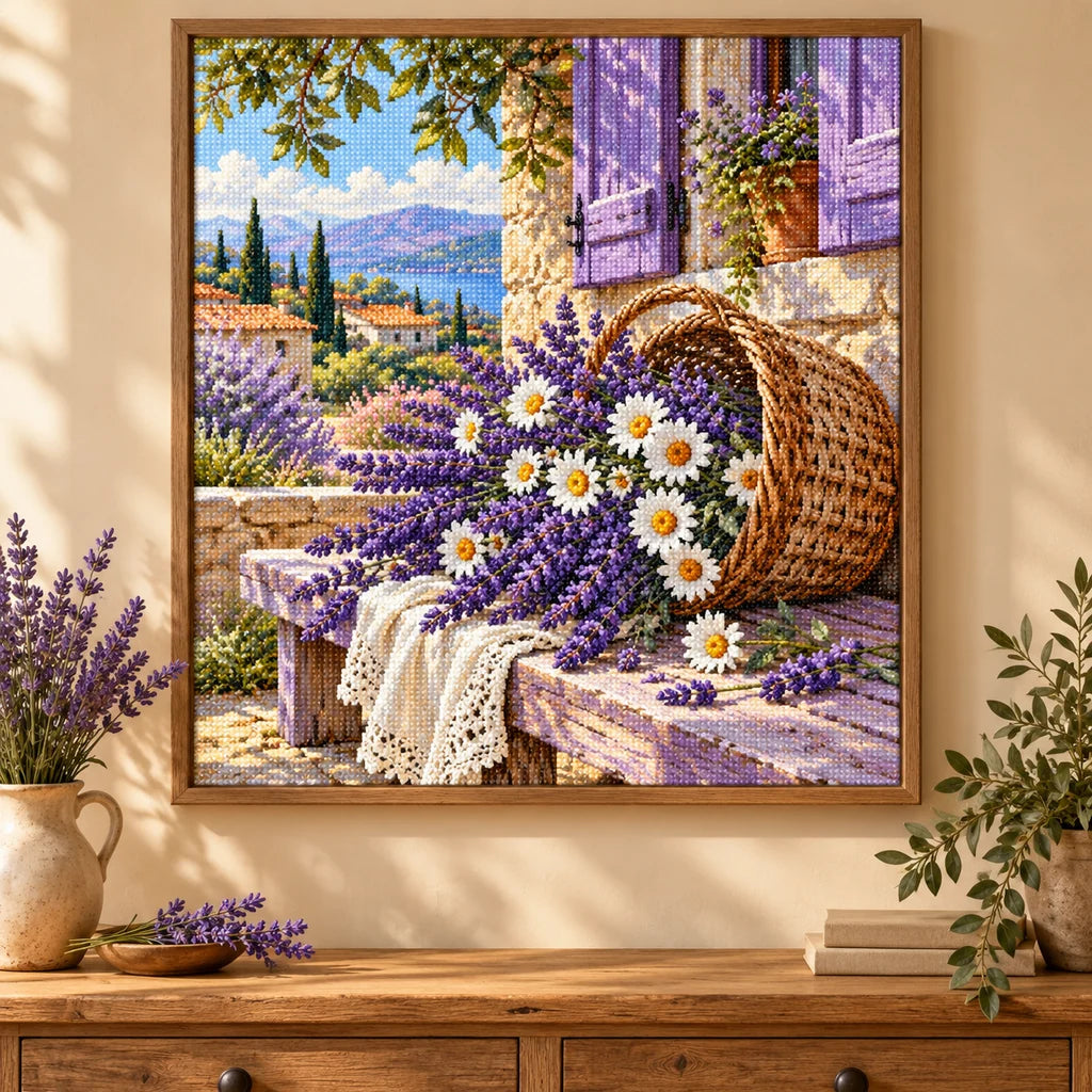 A woven basket filled with lavender and wildflowers: diamond painting displayed as home wall decor