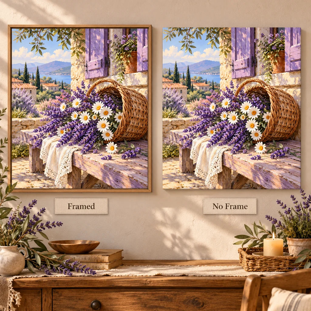 A woven basket filled with lavender and wildflowers: framed and no-frame style comparison