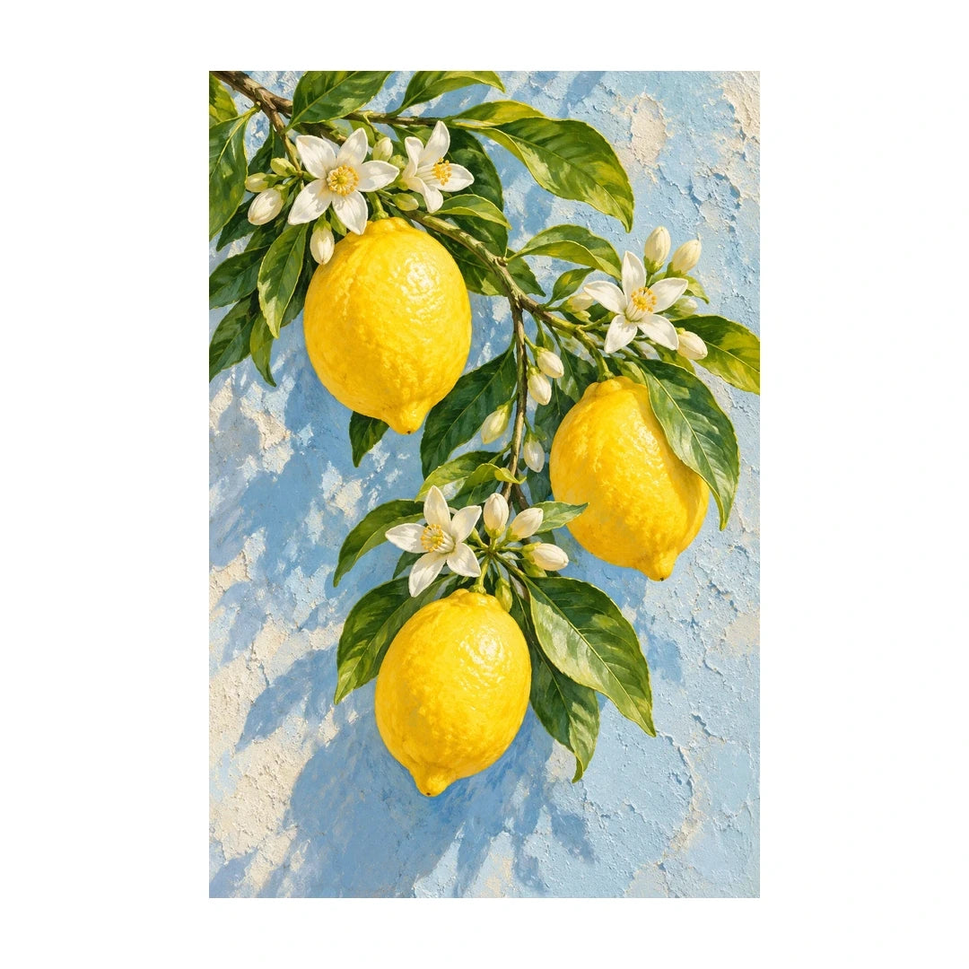Lemons and white blossoms on a blue textured background: original artwork