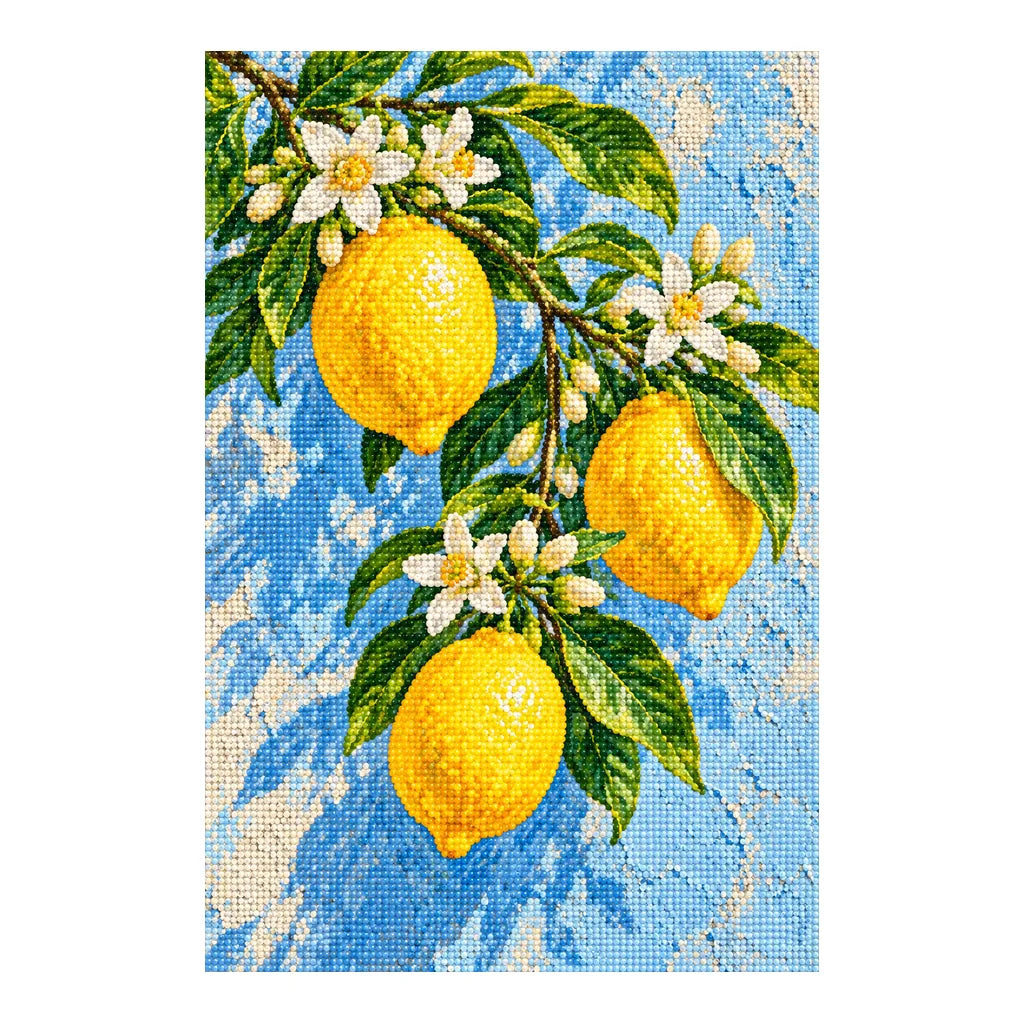 Bright lemons with delicate white blossoms: finished diamond painting on a white background