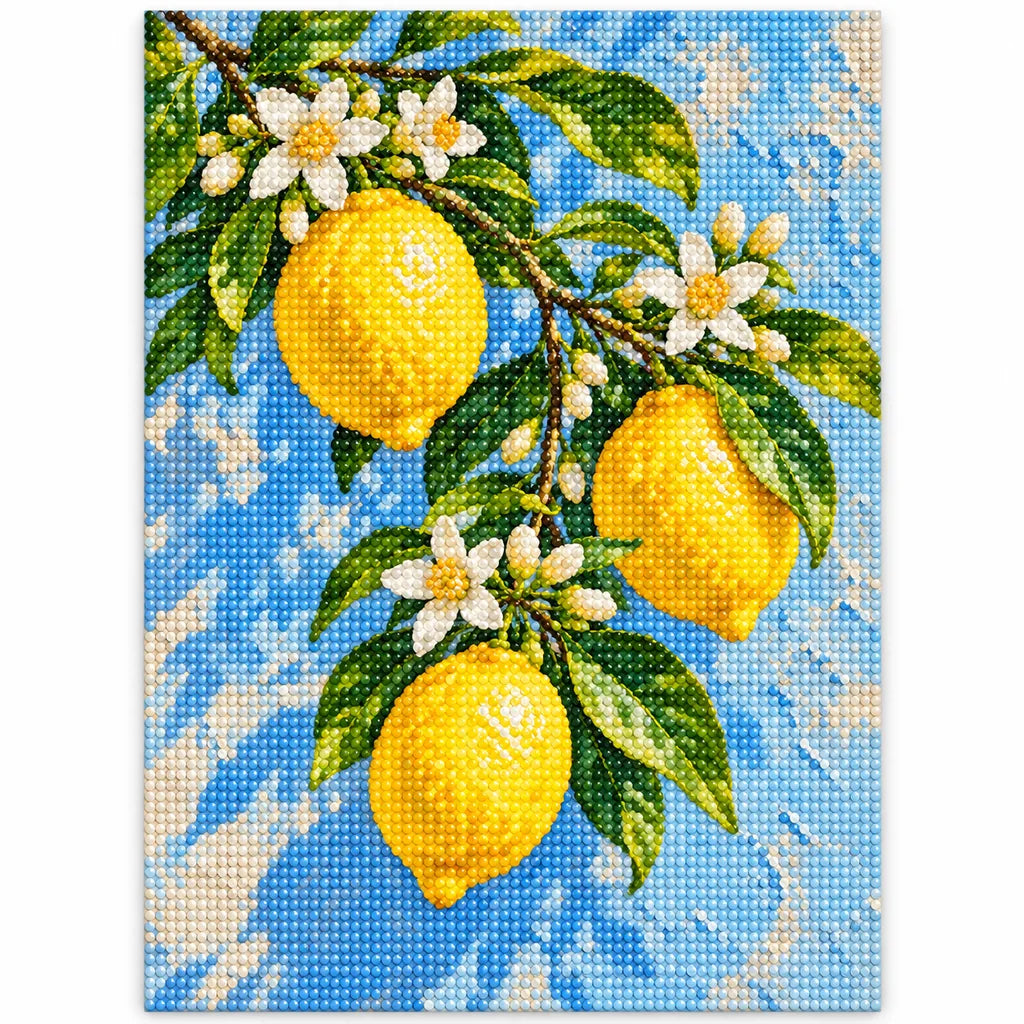 Bright lemons with delicate white blossoms: finished diamond painting on a white background