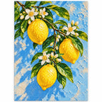 Bright lemons with delicate white blossoms: finished diamond painting on a white background