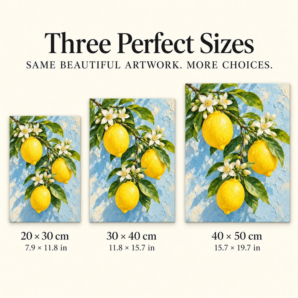 Bright lemons with delicate white blossoms: size guide showing three available dimensions