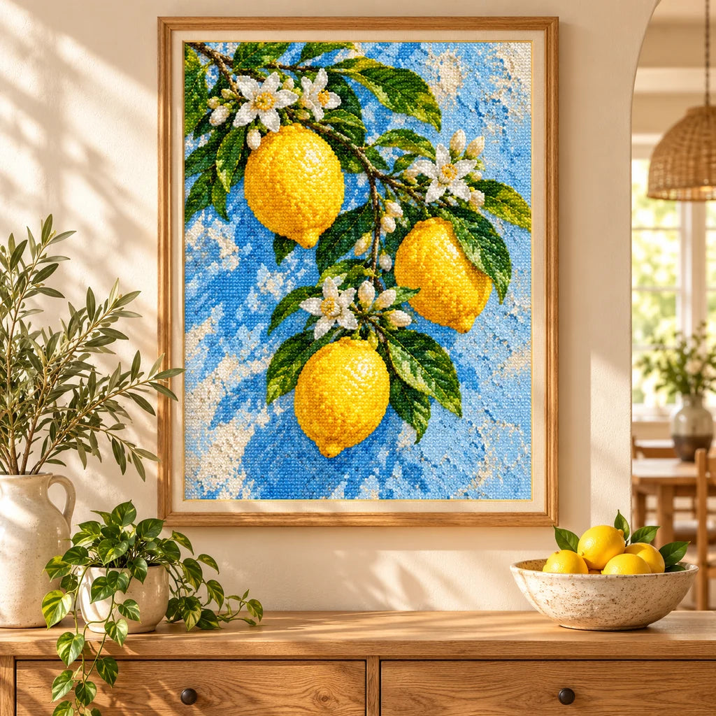 Bright lemons with delicate white blossoms: diamond painting displayed as home wall decor