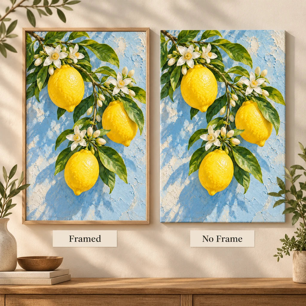 Bright lemons with delicate white blossoms: framed and no-frame style comparison