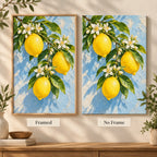 Bright lemons with delicate white blossoms: framed and no-frame style comparison