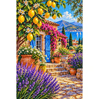 Lemon Tree Mediterranean Courtyard — finished diamond painting on a white background
