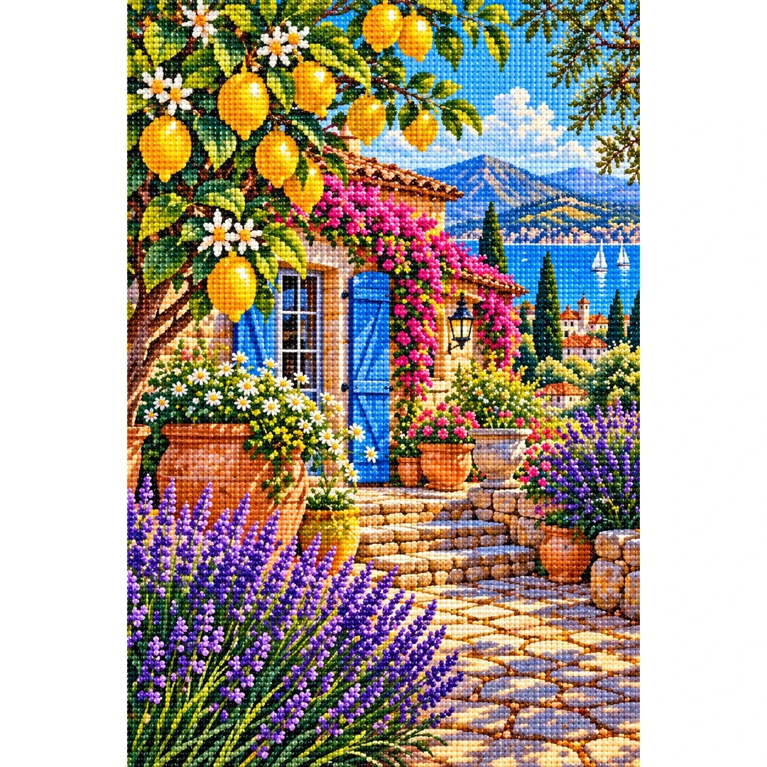 Lemon Tree Mediterranean Courtyard — finished diamond painting on a white background