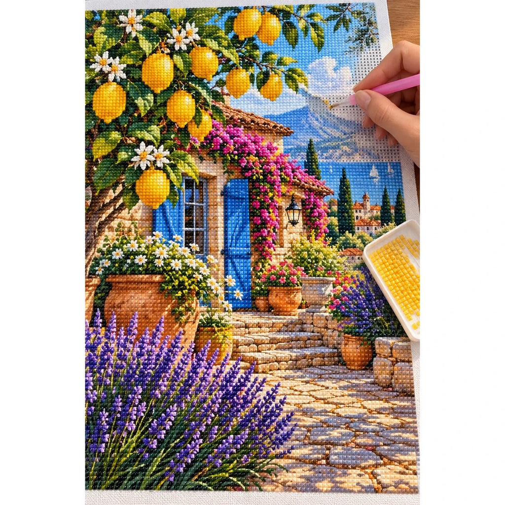 Lemon Tree Mediterranean Courtyard — diamond painting process with applicator pen