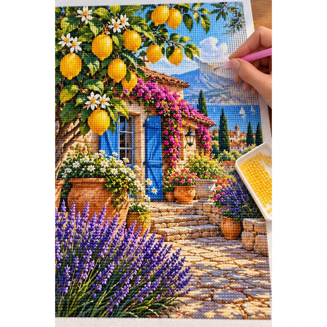Lemon Tree Mediterranean Courtyard — diamond painting process with applicator pen