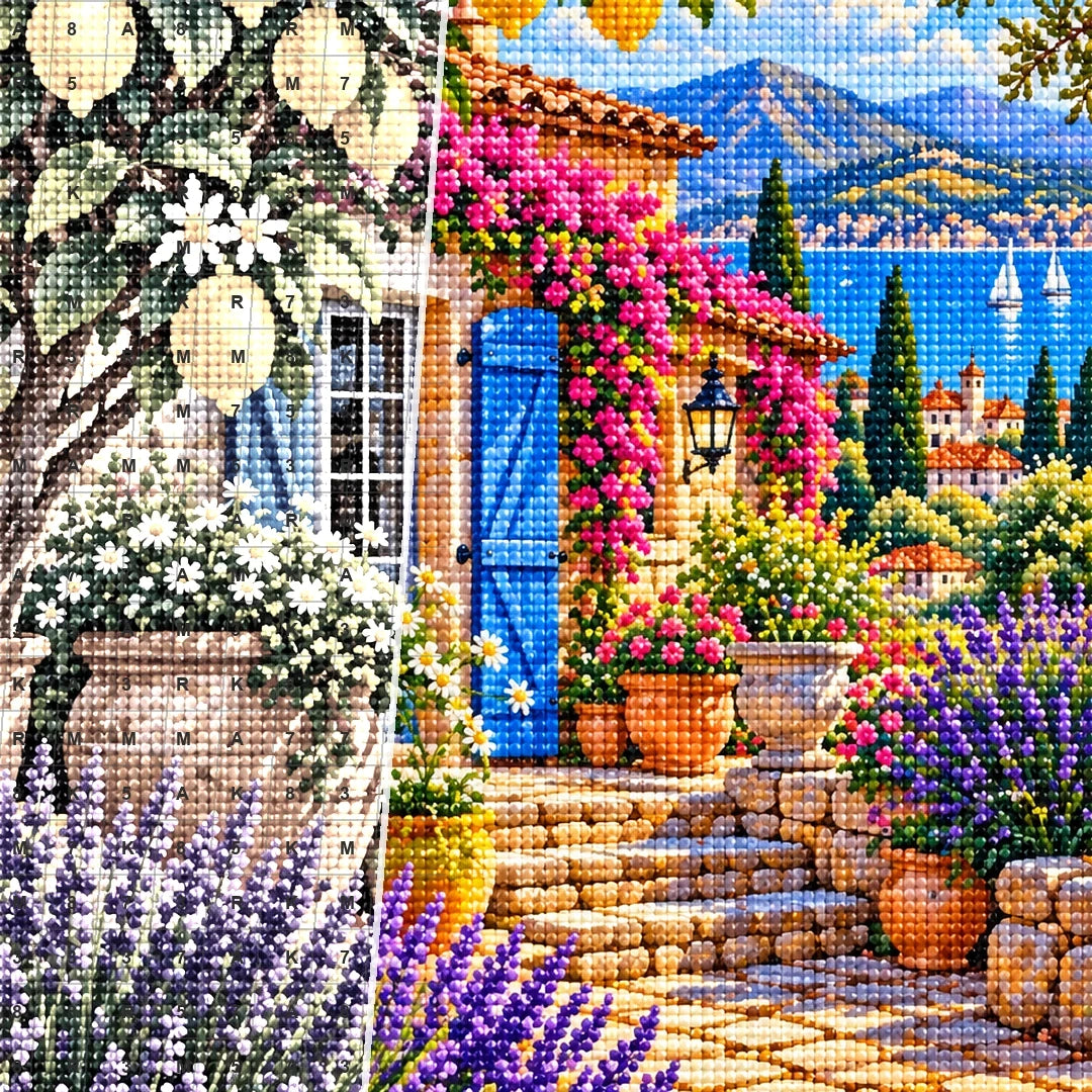 Lemon Tree Mediterranean Courtyard — close-up canvas and resin drill detail