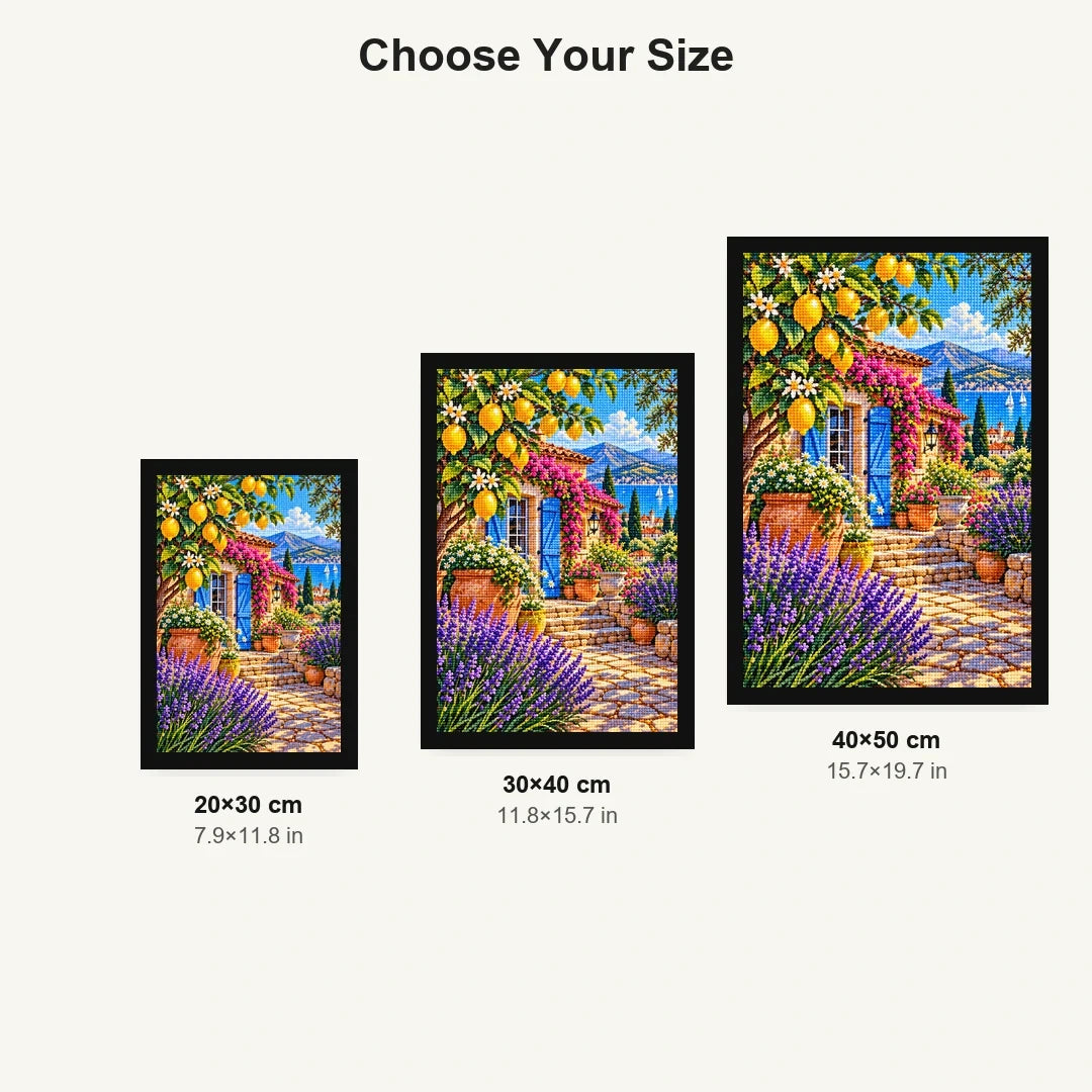 Lemon Tree Mediterranean Courtyard — size comparison for 20 × 30, 30 × 40 and 40 × 50 cm