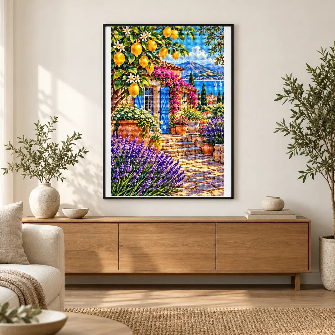 Lemon Tree Mediterranean Courtyard — finished diamond painting displayed in a home interior