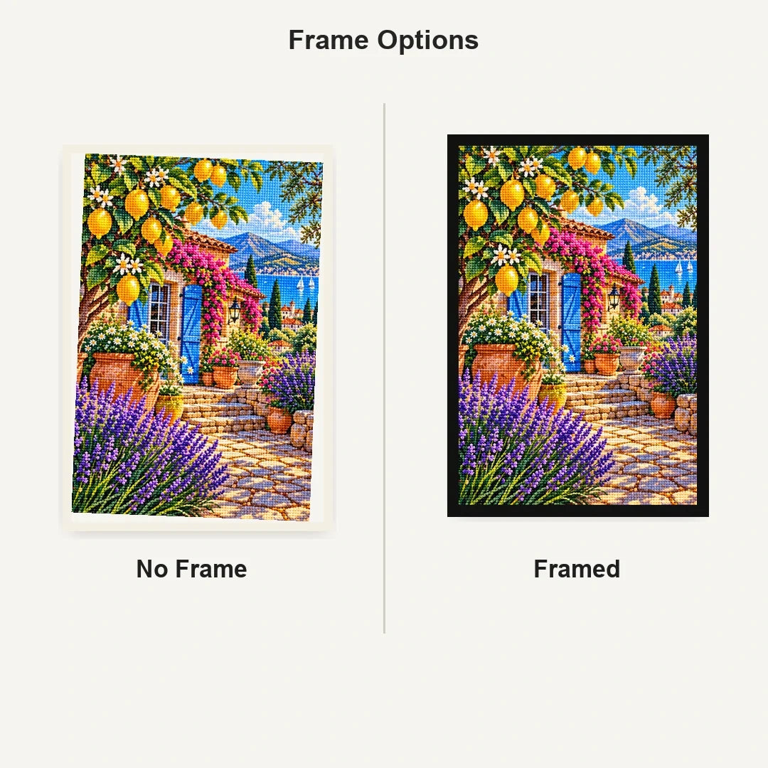 Lemon Tree Mediterranean Courtyard — No Frame and Framed style comparison