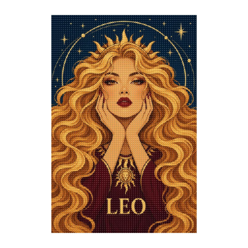 Finished white-background diamond painting of Leo Sunmane Queen