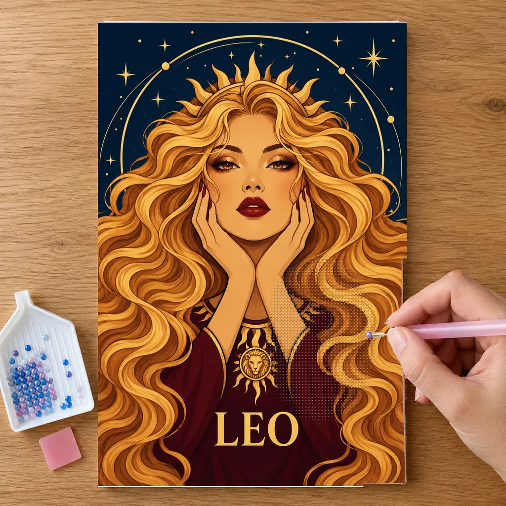 Hands placing drills on the Leo Sunmane Queen diamond painting canvas