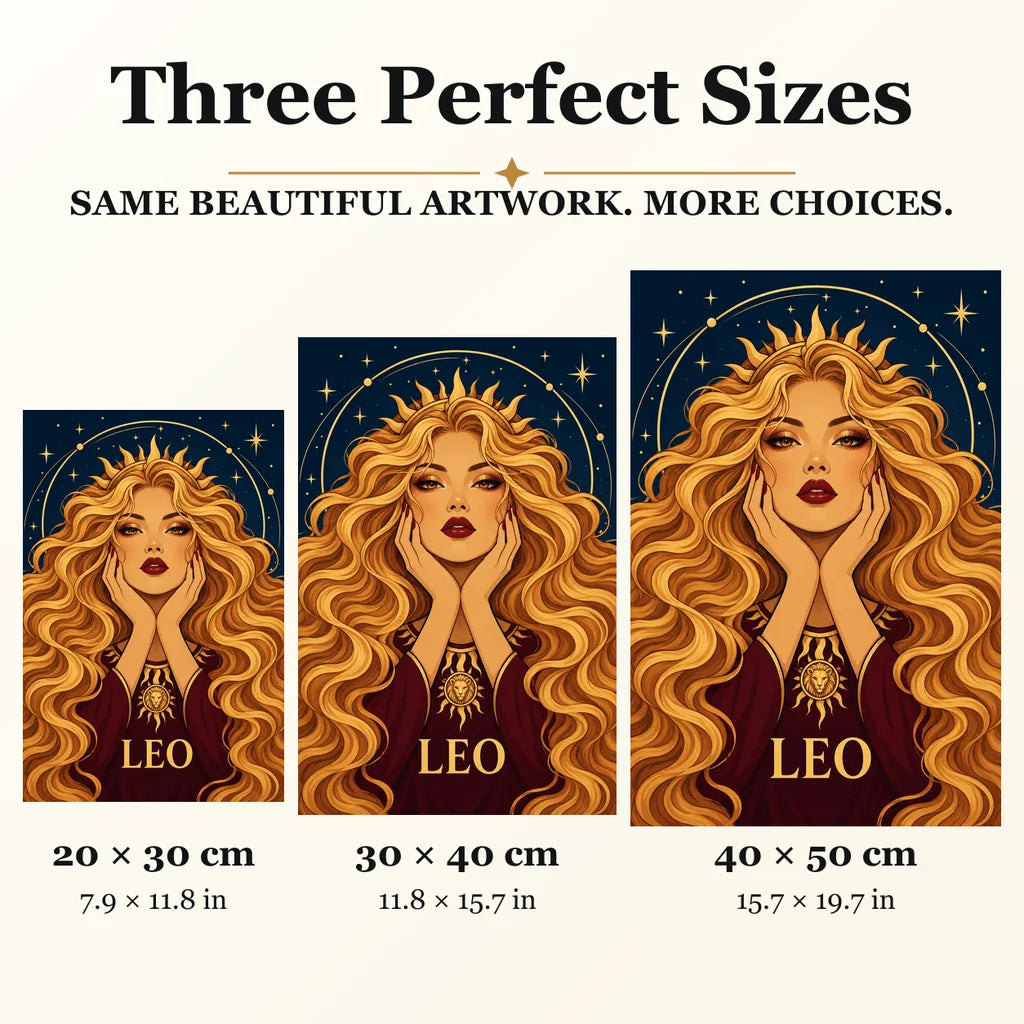 Leo Sunmane Queen diamond painting in 20 by 30, 30 by 40, and 40 by 50 centimeter sizes