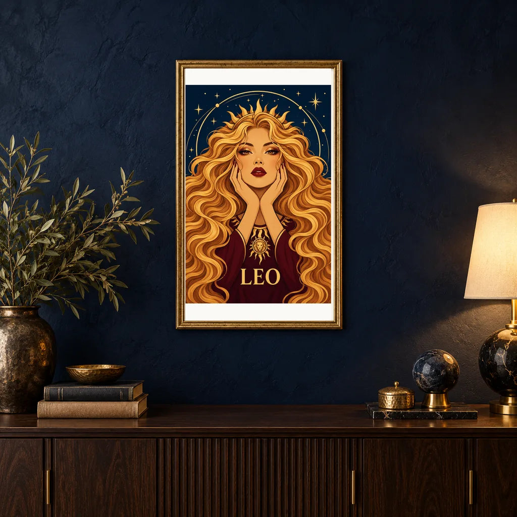 Framed Leo Sunmane Queen diamond painting displayed in a home interior