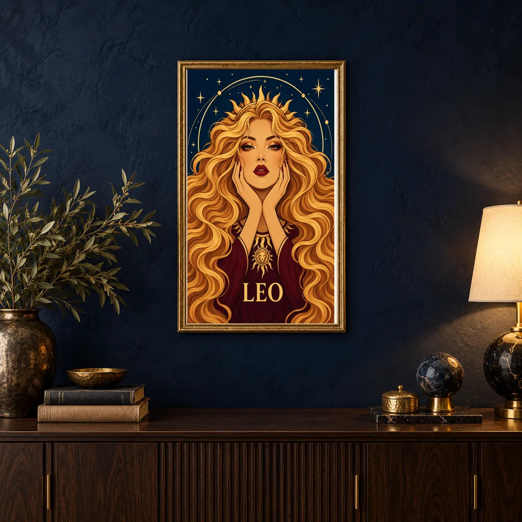 Framed Leo Sunmane Queen diamond painting displayed in a home interior