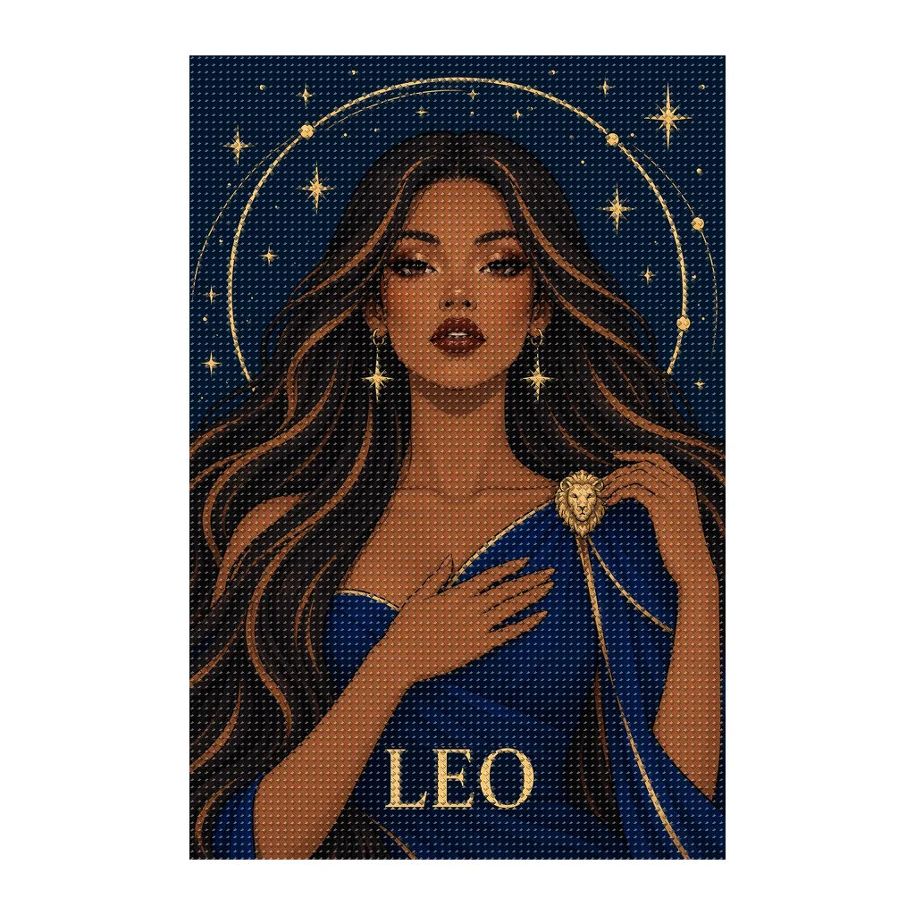 Finished white-background diamond painting of Leo Ember Lioness