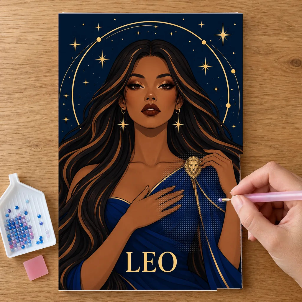 Hands placing drills on the Leo Ember Lioness diamond painting canvas
