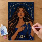 Hands placing drills on the Leo Ember Lioness diamond painting canvas