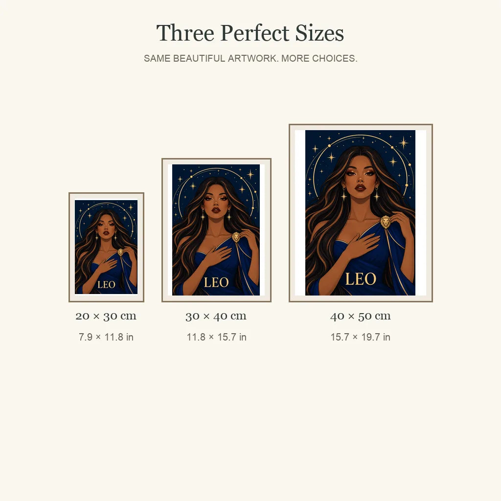 Leo Ember Lioness diamond painting in 20 by 30, 30 by 40, and 40 by 50 centimeter sizes