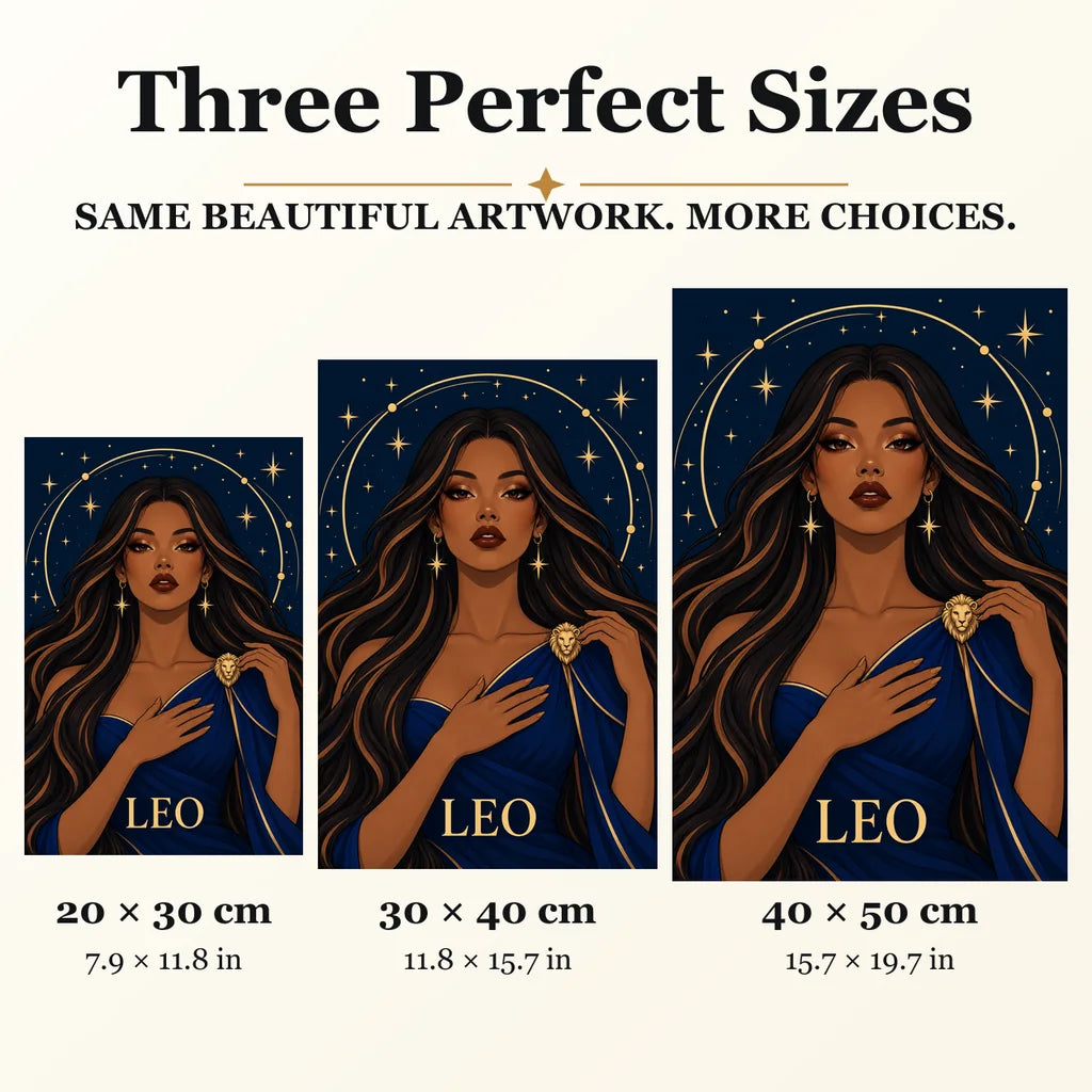 Leo Ember Lioness diamond painting in 20 by 30, 30 by 40, and 40 by 50 centimeter sizes