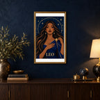Framed Leo Ember Lioness diamond painting displayed in a home interior