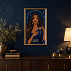 Framed Leo Ember Lioness diamond painting displayed in a home interior