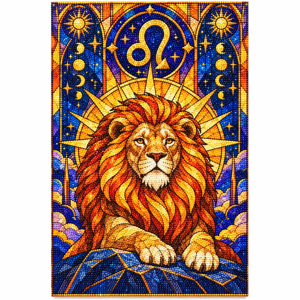 Leo lion with zodiac symbol, finished diamond painting on white background