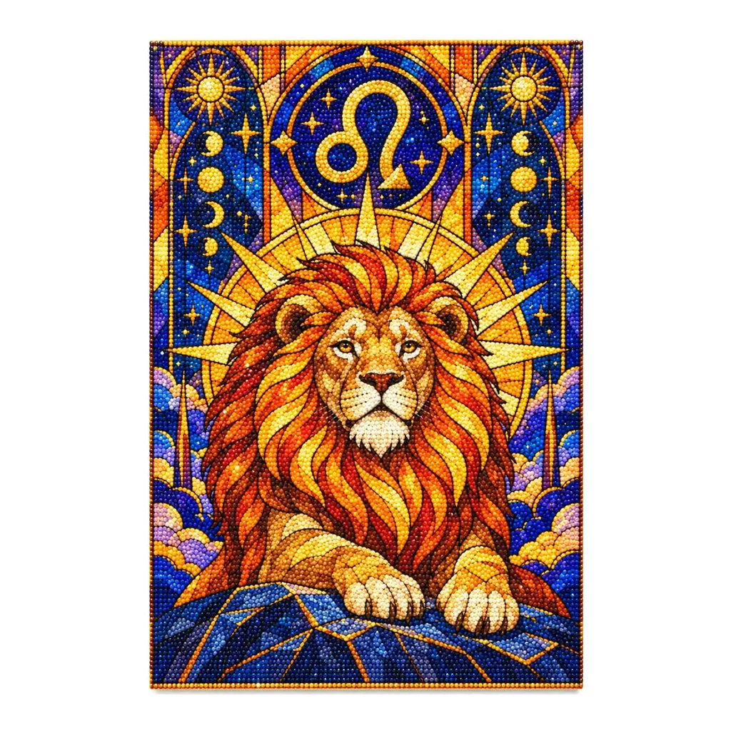 Leo lion with zodiac symbol, finished diamond painting on white background