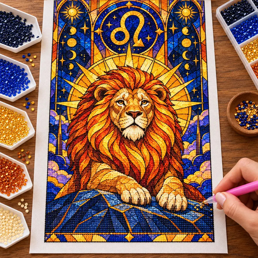 Leo lion with zodiac symbol, diamond painting process