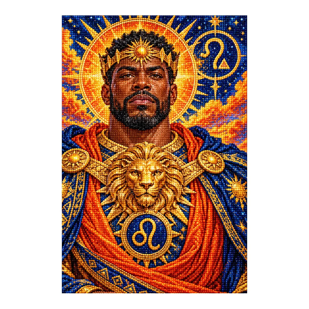 Finished white-background diamond painting of the Leo zodiac design