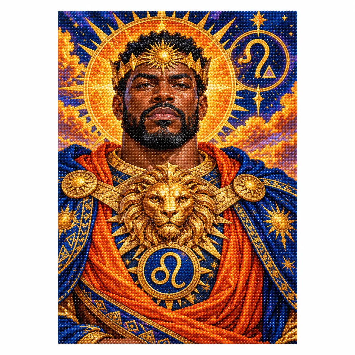 Finished white-background diamond painting of the Leo zodiac design