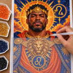 Hands applying diamond drills to the Leo lion guardian canvas