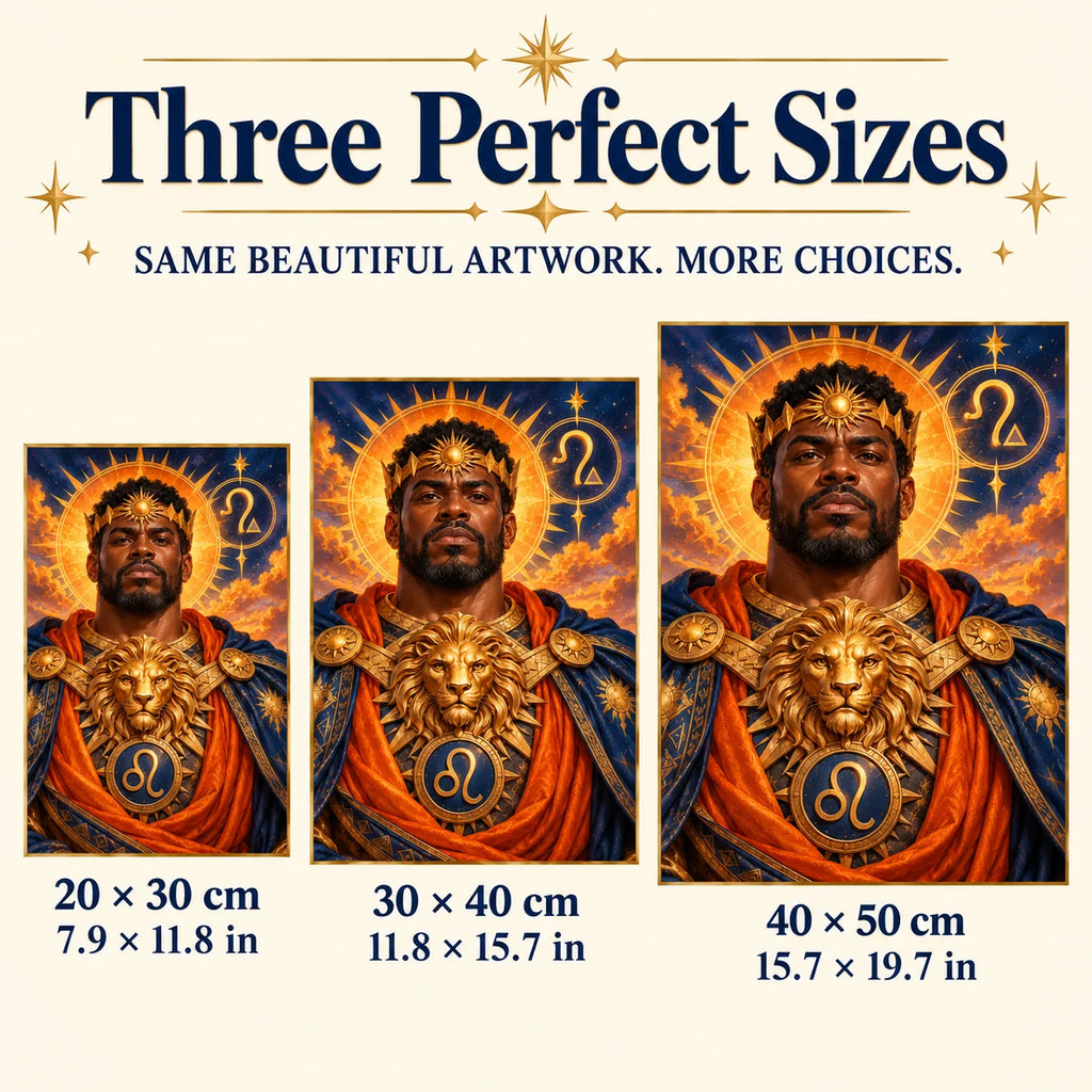 Leo lion guardian diamond painting size guide for 20 by 30, 30 by 40, and 40 by 50 cm