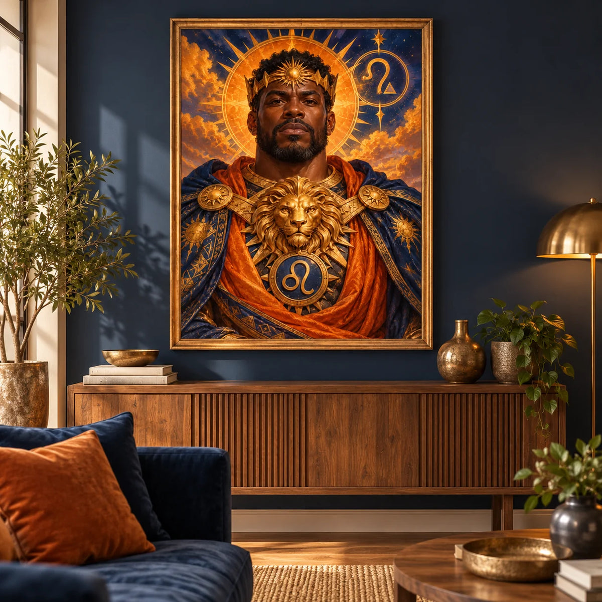 Framed Leo lion guardian diamond painting displayed in a living room