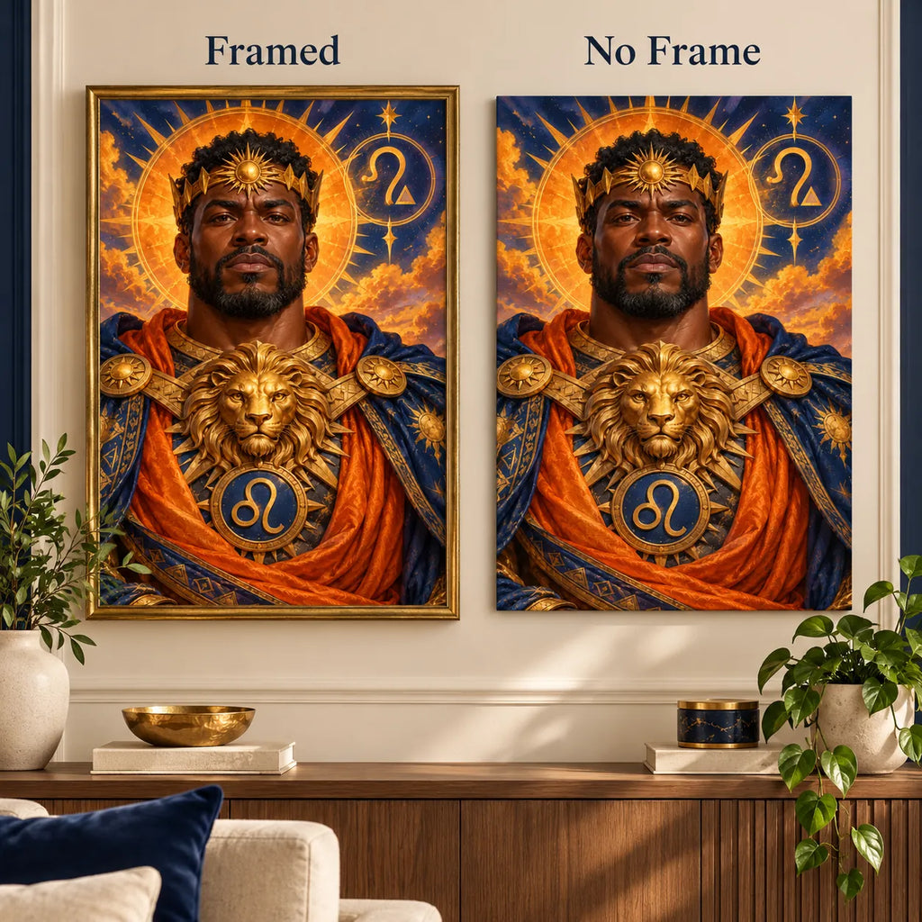 Framed and no-frame style comparison for the Leo lion guardian diamond painting