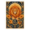 Leo zodiac lion with sun medallion and navy gold Art Nouveau ornament on a white background