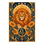 Leo zodiac lion with sun medallion and navy gold Art Nouveau ornament on a white background