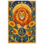 Finished Leo lion diamond painting with sparkling drills on a white background