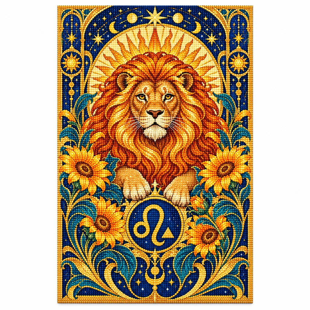 Finished Leo lion diamond painting with sparkling drills on a white background