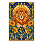 Finished Leo lion diamond painting with sparkling drills on a white background