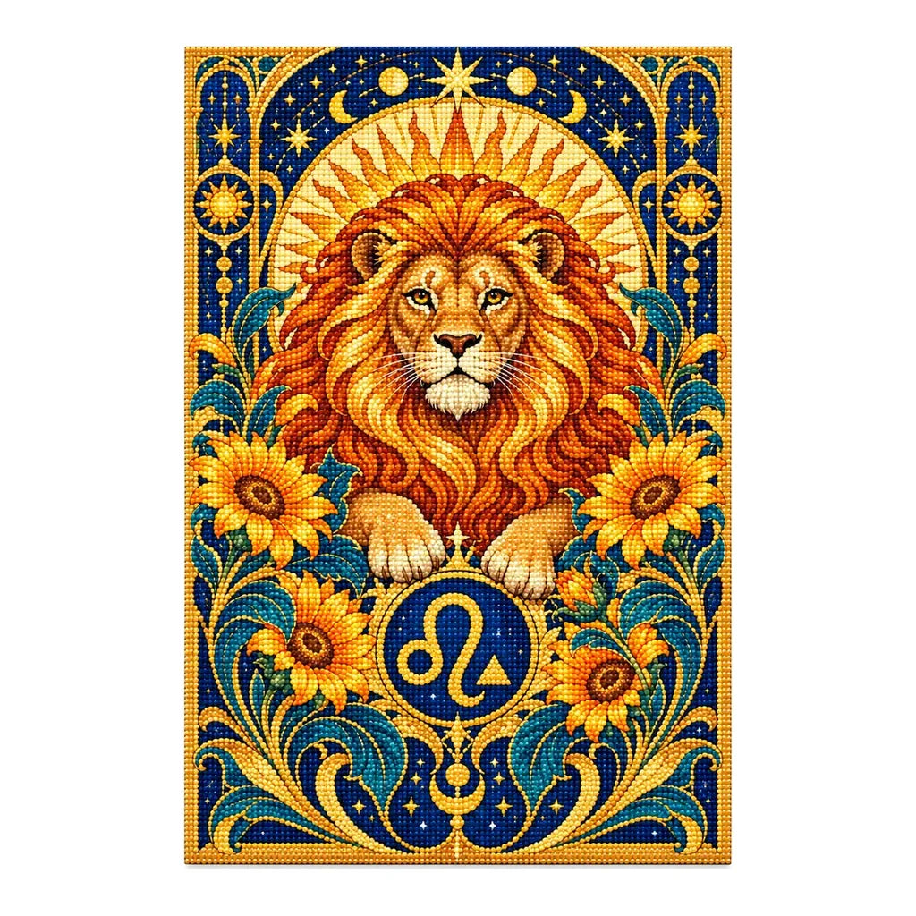 Finished Leo lion diamond painting with sparkling drills on a white background