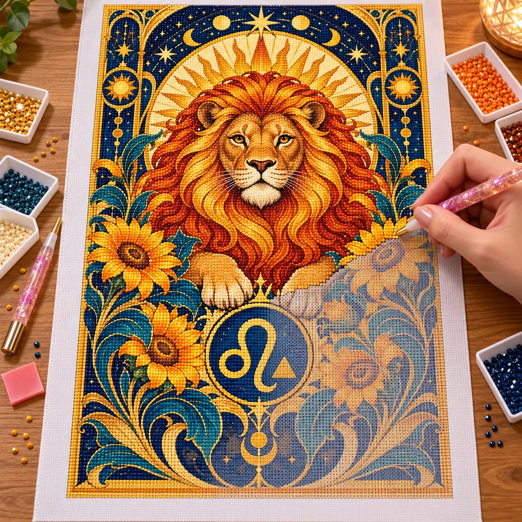 Hands placing drills on the Leo lion and sun diamond painting