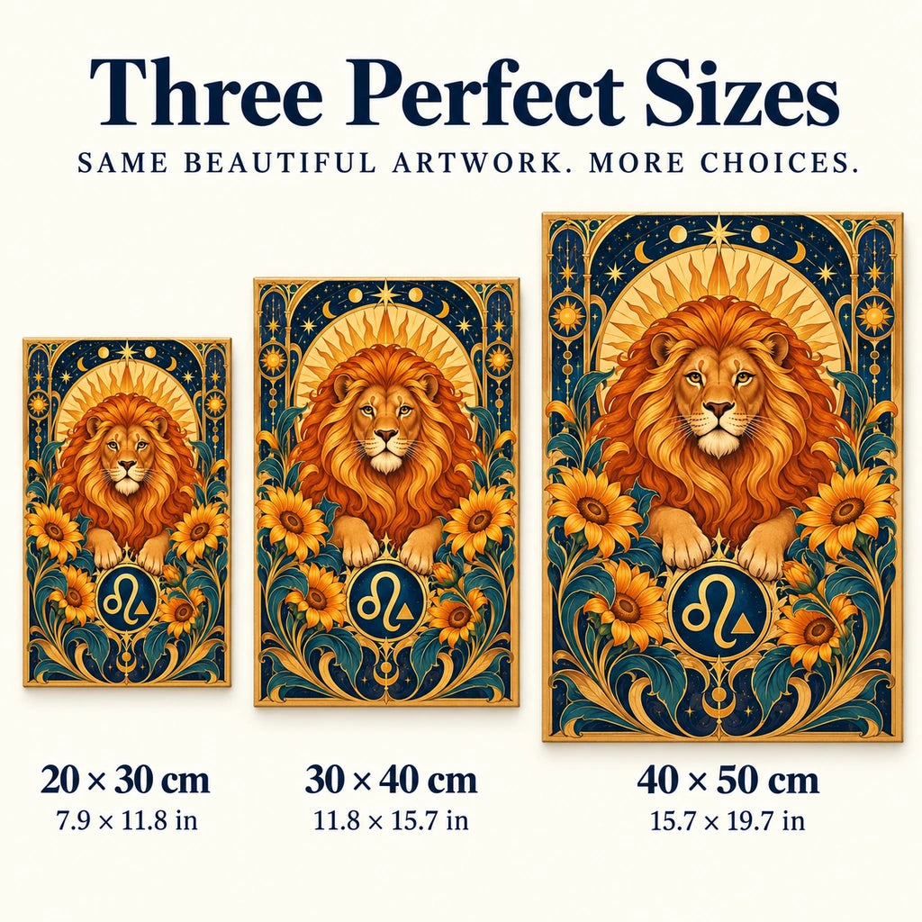 Leo lion diamond painting size guide showing 20 by 30, 30 by 40, and 40 by 50 centimeters