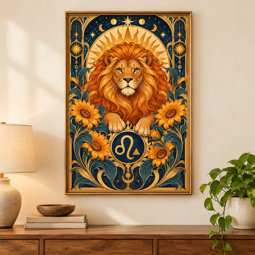 Leo lion and sun diamond painting displayed as framed home decor
